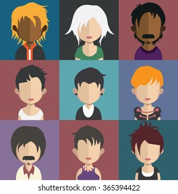 Set of people icons in flat style with faces. Vector women, men character