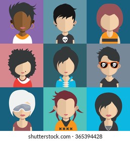 Set of people icons in flat style with faces. Vector women, men character 
