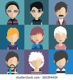 Set of people icons in flat style with faces. Vector women, men character 