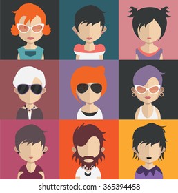 Set of people icons in flat style with faces. Vector women, men character