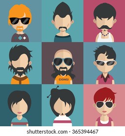 Set of people icons in flat style with faces. Vector women, men character