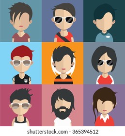 Set of people icons in flat style with faces. Vector women, men character