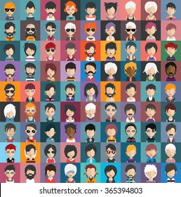 Set of people icons in flat style with faces. Vector women, men character