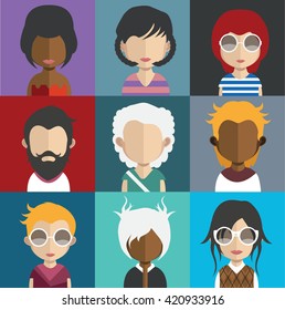 Set of people icons in flat style with faces