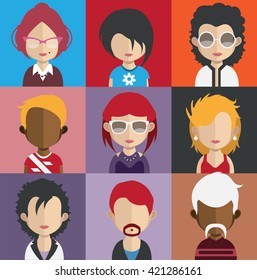 Set of people icons in flat style with faces