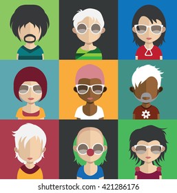 Set of people icons in flat style with faces