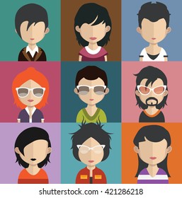 Set of people icons in flat style with faces