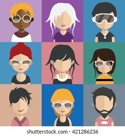 Set of people icons in flat style with faces