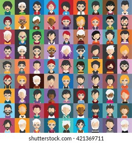 Set of people icons in flat style with faces. Vector women, men character