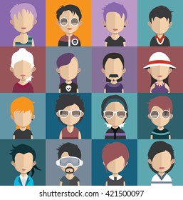 Set of people icons in flat style with faces