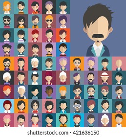 Set of people icons in flat style with faces