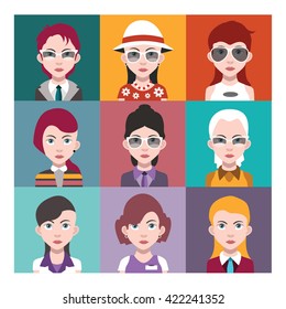 Set of people icons in flat style with faces