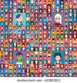 Set of people icons in flat style with faces