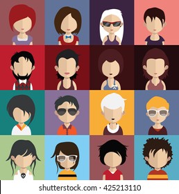 Set of people icons in flat style with faces
