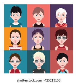 Set of people icons in flat style with faces