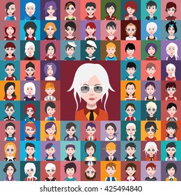 Set of people icons in flat style with faces. Vector women, men character