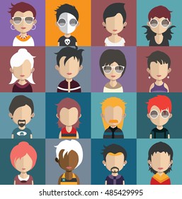 Set of people icons in flat style with faces. Vector women, men character 2