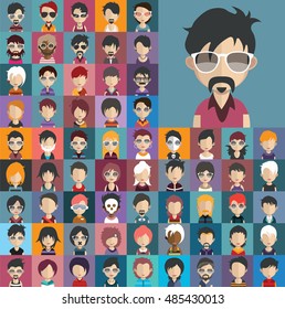 Set of people icons in flat style with faces. Vector women, men character