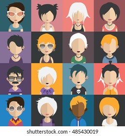 Set of people icons in flat style with faces. Vector women, men character 5