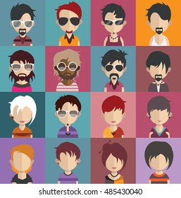 Set of people icons in flat style with faces. Vector women, men character 4
