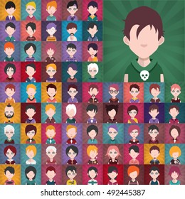 Set of people icons in flat style with faces. Vector women, men  with Shine style background
