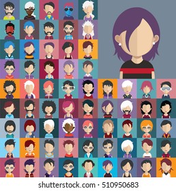 Set of people icons in flat style with faces. Vector women, men character 