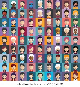 Set of people icons in flat style with faces. Vector women, men character 2