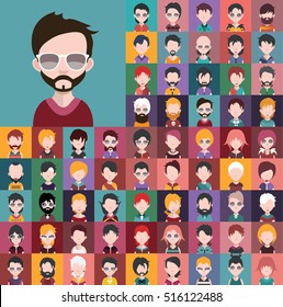 Set of people icons in flat style with faces. Vector women, men with color background