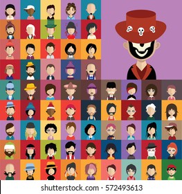 Set of people icons in flat style with faces. Vector women, men character