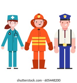 Set of people icons in flat style policeman, fireman, doctor. Emergency service.
Vector illustration of people different professions.