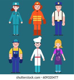 Set of people icons in flat style cook, mechanic, Barber, policeman, fireman, doctor. Emergency service. Vector illustration of people different professions.