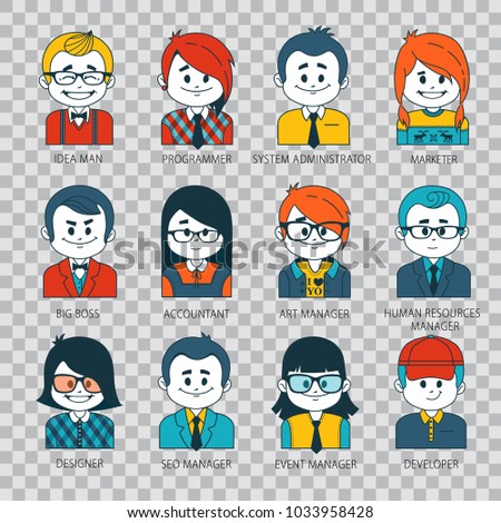 Set of people icons in flat style with faces. Vector women, men character Collection of professions in IT company. People avatars. Illustration on transparent background