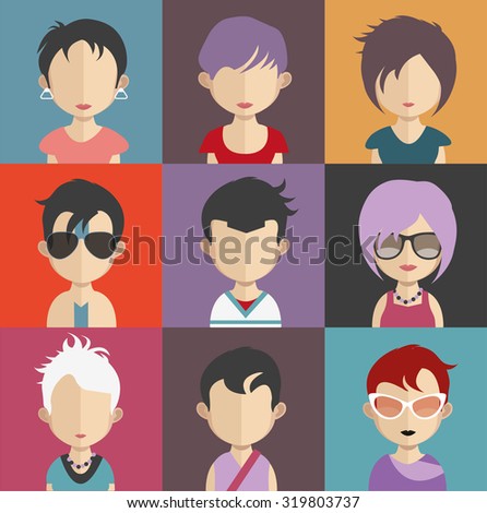 Set of people icons in flat style with faces. Vector women, men character