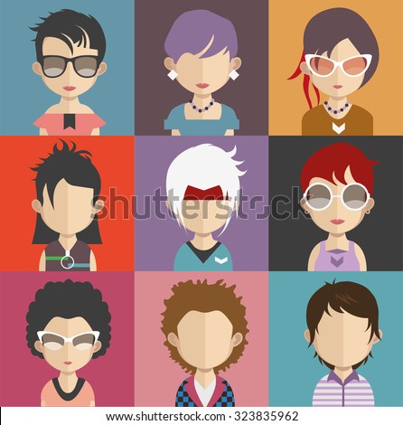 Set of people icons in flat style with faces. Vector women, men character Set 26 a