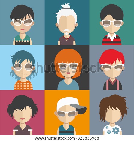 Set of people icons in flat style with faces. Vector women, men character Set 26 a
