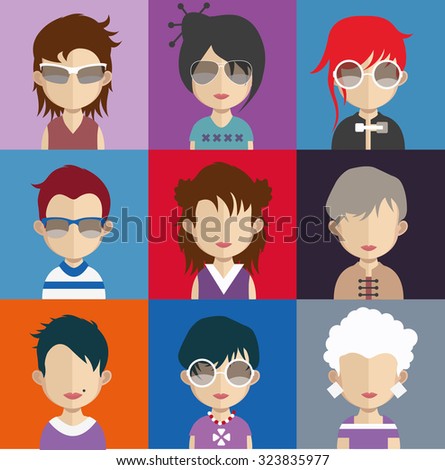 Set of people icons in flat style with faces. Vector women, men character Set 26 a