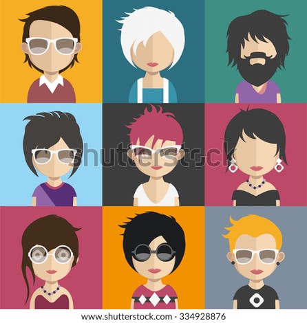 Set of people icons in flat style with faces. Vector women, men character Set 29 a