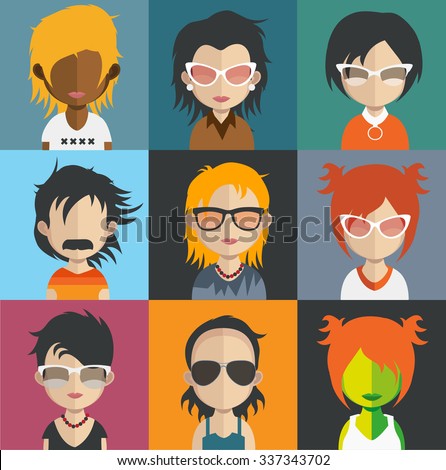 Set of people icons in flat style with faces. Vector women, men character Set 30 a
