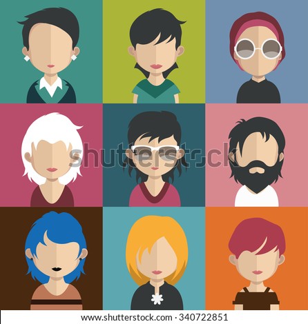 Set of people icons in flat style with faces. Vector women, men character Set 31 a