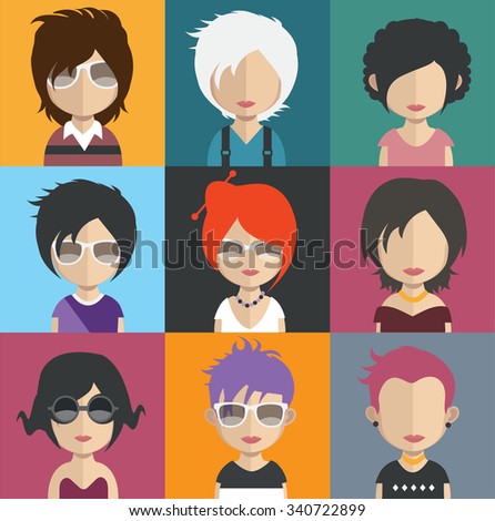 Set of people icons in flat style with faces. Vector women, men character Set 31 a