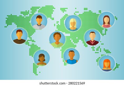 Set of People Icons on Earth Map Background. Communication Concept. Flat Style Modern Design. Vector Illustration