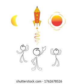 Set of people icons and space travel symbols, a cute miniature scene with a man flying into space, and a space rocket, moon and sun and the people accompanying it