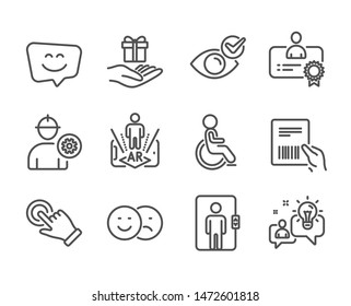 Set of People icons, such as Augmented reality, Elevator, Check eye, Engineer, Smile face, Idea, Disabled, Like, Touchscreen gesture, Certificate, Parcel invoice, Loyalty program. Vector