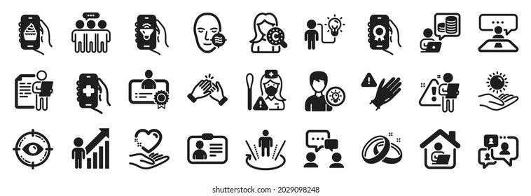 Iconos del conjunto de personas, como Realidad aumentada, Idea comercial, Iconos de resultados de empleado. Aplicación de salud, aplicación de música, carteles de trabajo de entrevista. Trabajo en casa, Idea de persona, Tarjeta de identificación. Anillos de boda, corazón de espera. Vector
