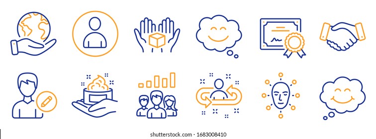 Set of People icons, such as Avatar, Employees handshake. Certificate, save planet. Smile, Smile chat, Edit person. Skin care, Recruitment, Hold box. Vector