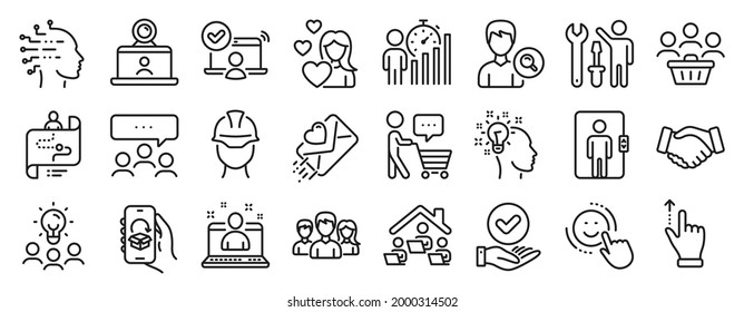 Set of People icons, such as Best manager, Foreman, Buyers icons. Meeting, Online access, Delivery app signs. Elevator, Business statistics, Love. Repairman, Journey path, Teamwork. Idea. Vector