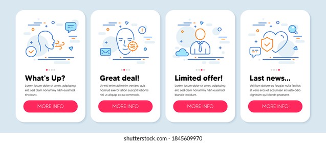 Set of People icons, such as Breathing exercise, Problem skin, Human symbols. Mobile screen app banners. Life insurance line icons. Breath, Facial care, Person profile. Risk coverage. Vector