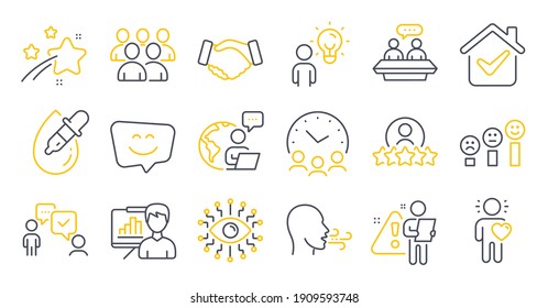 Set of People icons, such as Breathing exercise, Group people, Smile face symbols. Meeting time, Artificial intelligence, Human rating signs. Presentation board, Friend, Employees talk. Vector