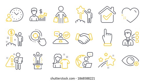 Set of People icons, such as Business growth, Clean shirt, Income money symbols. Seo target, Employees handshake, Click hand signs. Time management, Buyer, Third party. Farsightedness. Vector