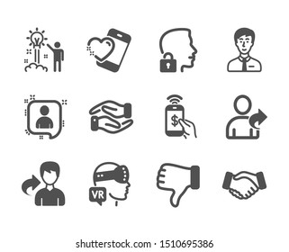 Set of People icons, such as Businessman person, Refer friend, Helping hand, Heart, Phone payment, Dislike hand, Unlock system, Developers chat, Creative idea, Handshake, Augmented reality. Vector